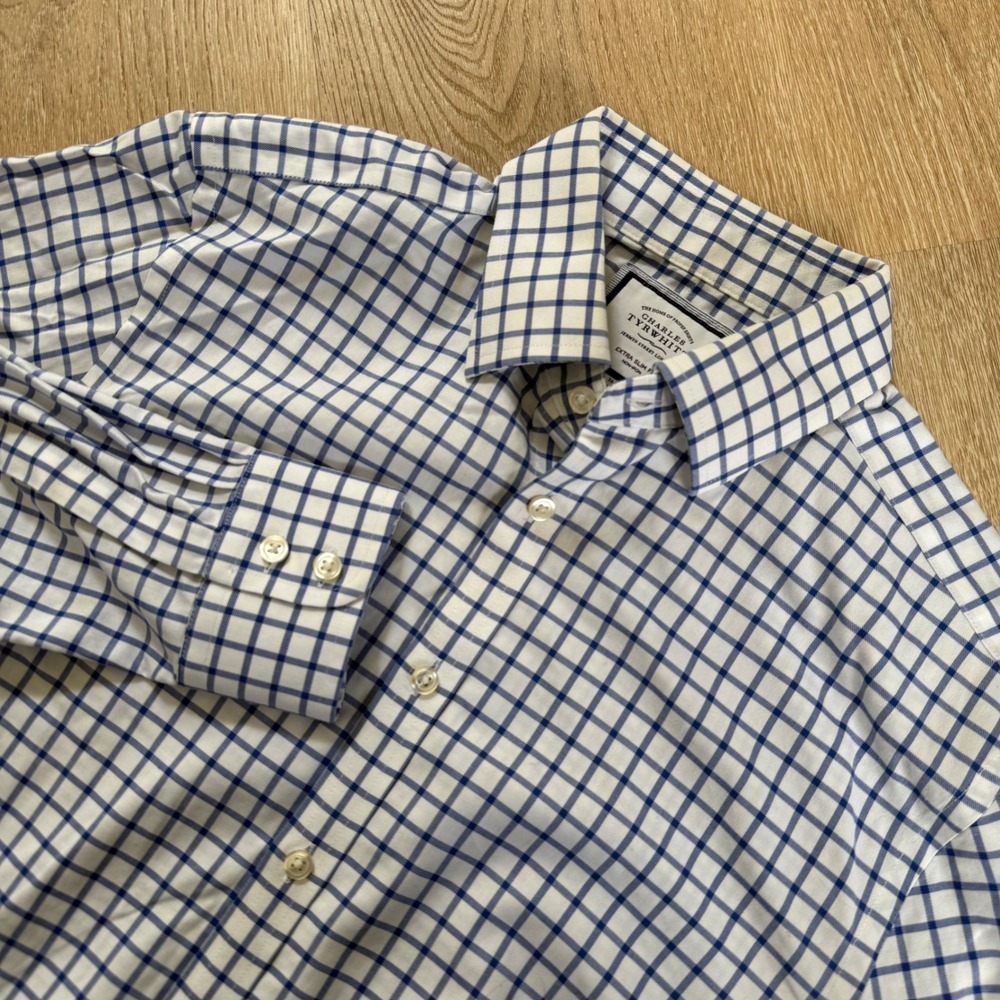Charles Tyrwhitt Extra Slim Fit Dress Shirt Mens 16/33 Blue White Grid Non-Iron
